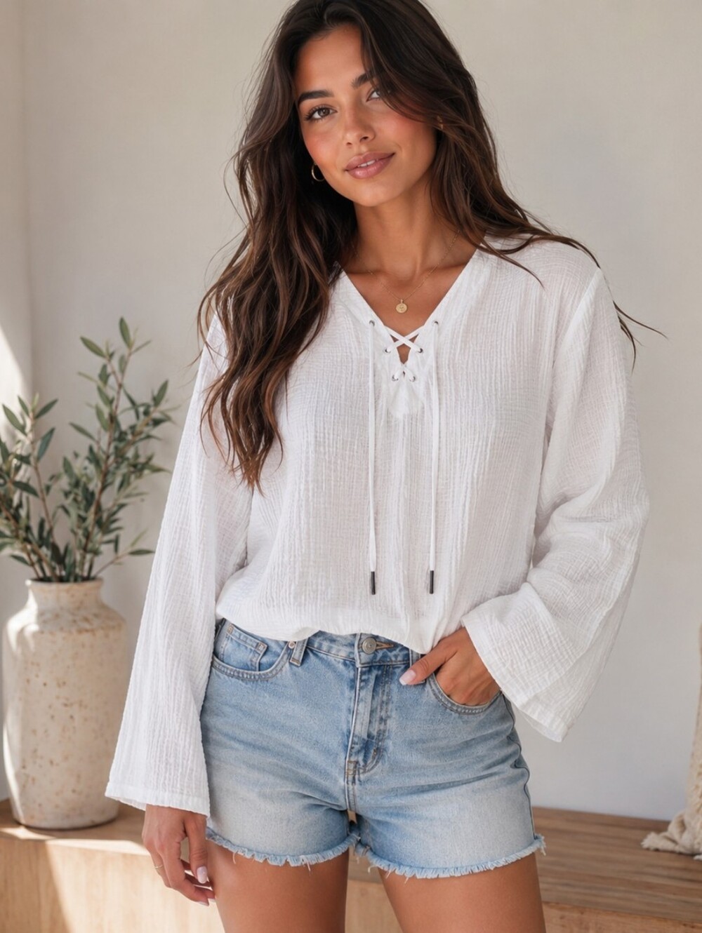 Cloth & Stone White 100% Cotton Gauze Lace-Up Top